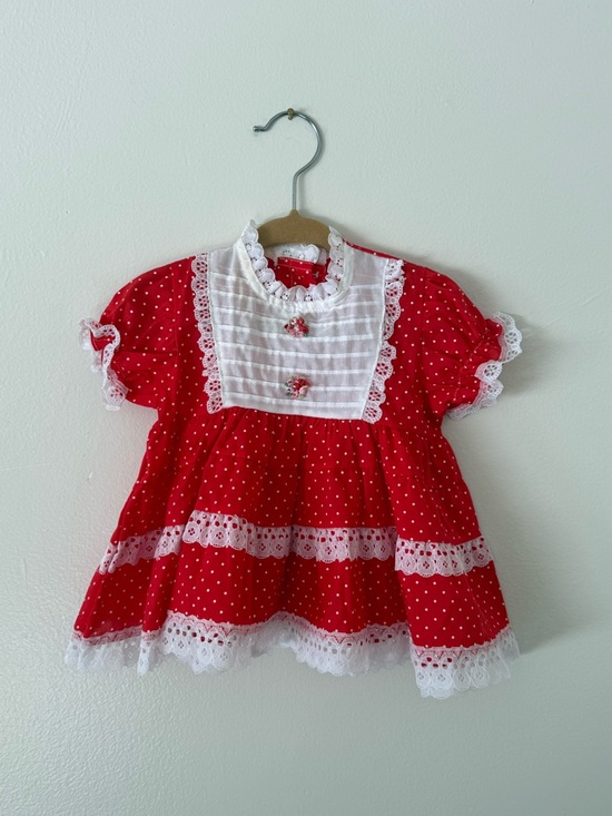 Vintage Other - Vintage Baby Girl 9m Baby Doll Red & White Polka Dot Dress Lace Teired Ruffle